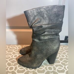 Katy Perry Raina boots Mid Calf Gunmetal Metallic Slouchy Heeled Glam Goth dark
